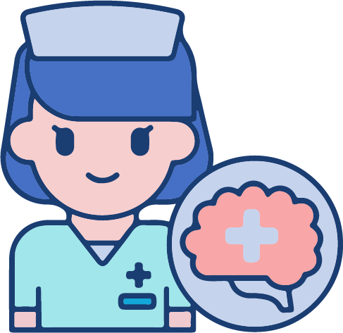 Icono de una enfermera acompañada de un elemento que simboliza un cerebro