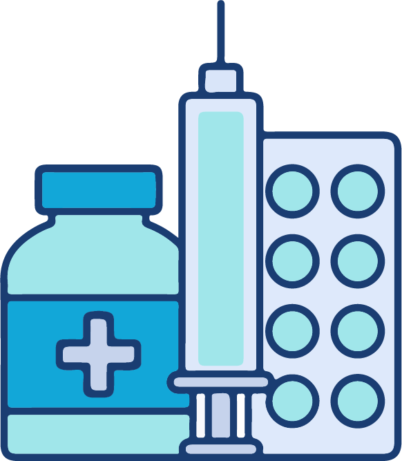 Iconos de medicina un frasco de jarabe, un inyector y tableta de pastillas